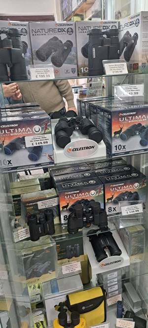 Part of our large range of Binoculars at The Sussex Astronomy Centre